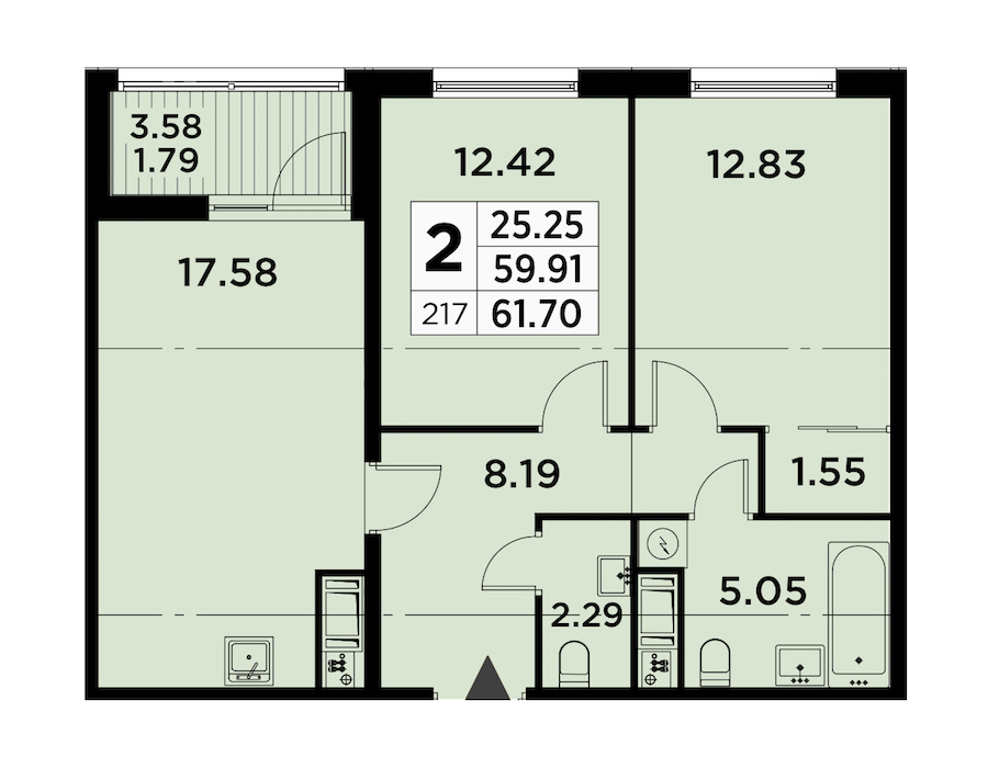2-комнатная квартира 61.7 м², 13/14 эт., ЖК «GloraX City Zanevsky»